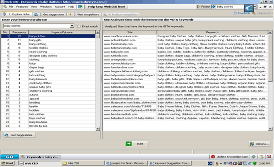 Figure 1: Screen shot of SEO software-list of web-sites that use a particular keyword